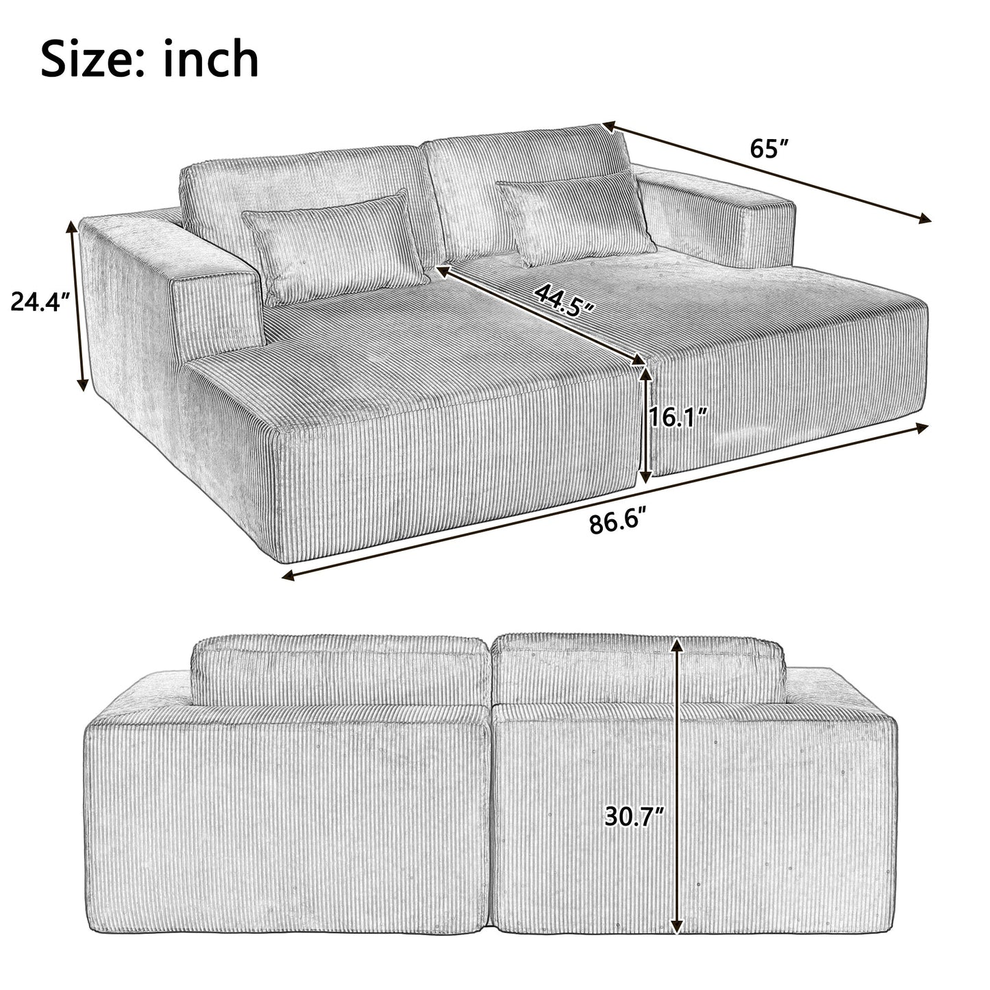 Divano letto Cascade in velluto a coste a 2 pezzi, chaise longue doppia con 2 cuscini