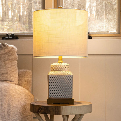 Lampada da tavolo a LED Catherine 21.5 in ceramica/metallo, bianco/blu navy di JONATHAN Y