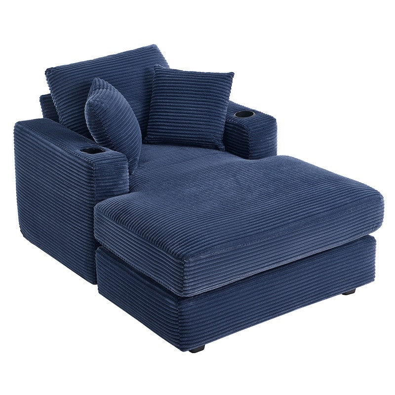 Divano in velluto a coste stile chaise longue con portabicchieri e 3 cuscini per lo schienale - Design reclinabile