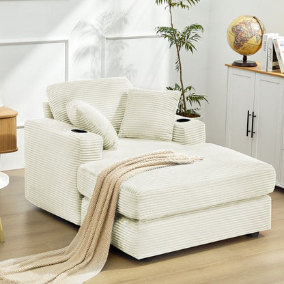 Divano in velluto a coste stile chaise longue con portabicchieri e 3 cuscini per lo schienale - Design reclinabile