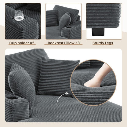 Divano in velluto a coste stile chaise longue con portabicchieri e 3 cuscini per lo schienale - Design reclinabile