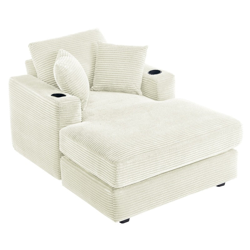 Divano in velluto a coste stile chaise longue con portabicchieri e 3 cuscini per lo schienale - Design reclinabile
