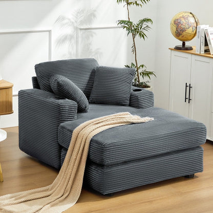 Divano in velluto a coste stile chaise longue con portabicchieri e 3 cuscini per lo schienale - Design reclinabile