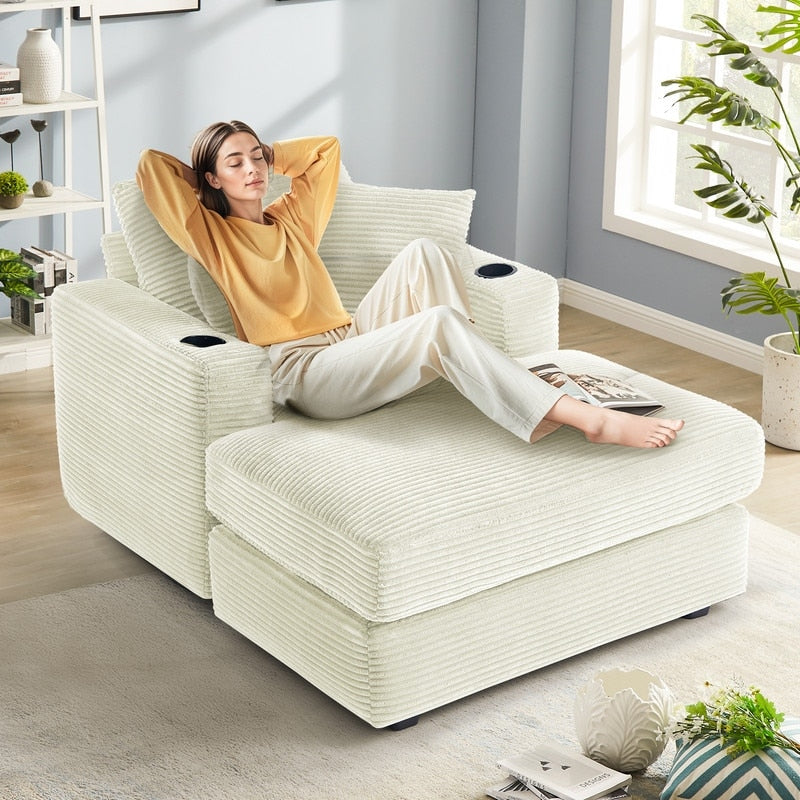 Divano in velluto a coste stile chaise longue con portabicchieri e 3 cuscini per lo schienale - Design reclinabile