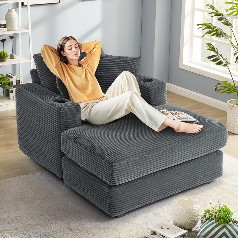 Divano in velluto a coste stile chaise longue con portabicchieri e 3 cuscini per lo schienale - Design reclinabile
