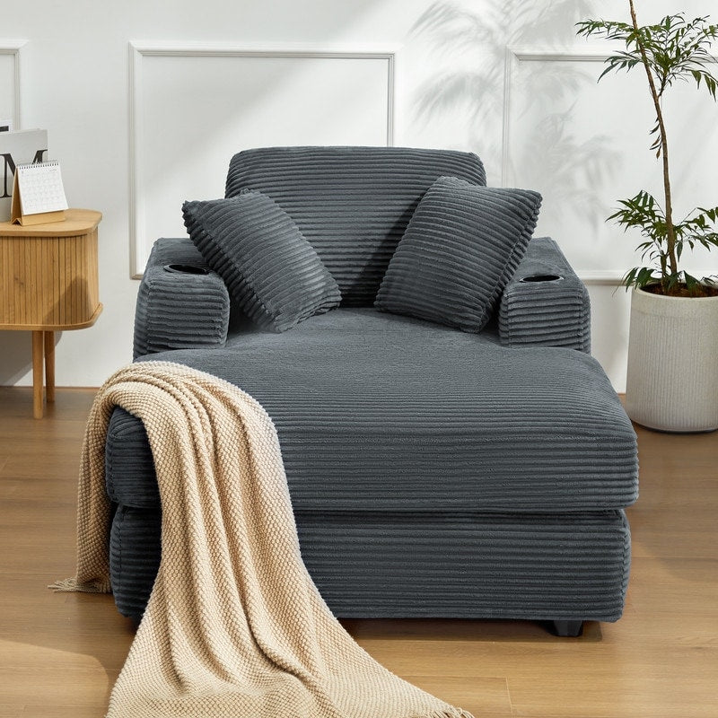 Divano in velluto a coste stile chaise longue con portabicchieri e 3 cuscini per lo schienale - Design reclinabile