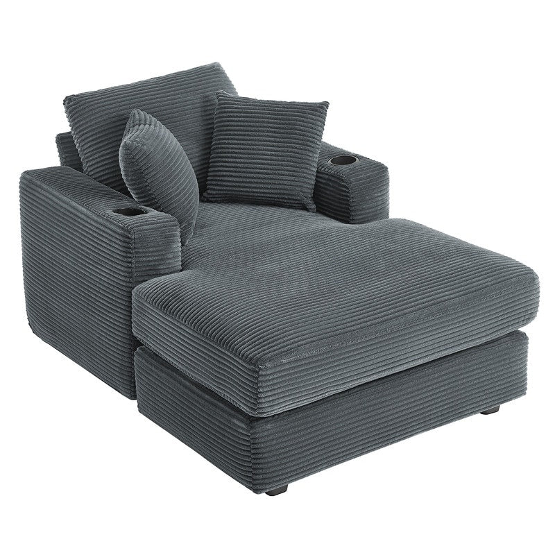 Divano in velluto a coste stile chaise longue con portabicchieri e 3 cuscini per lo schienale - Design reclinabile