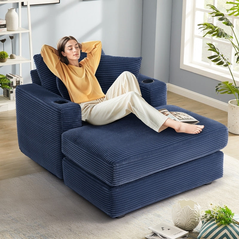 Divano in velluto a coste stile chaise longue con portabicchieri e 3 cuscini per lo schienale - Design reclinabile