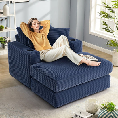 Divano in velluto a coste stile chaise longue con portabicchieri e 3 cuscini per lo schienale - Design reclinabile