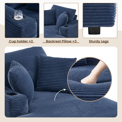 Divano in velluto a coste stile chaise longue con portabicchieri e 3 cuscini per lo schienale - Design reclinabile