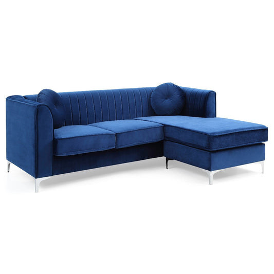 Divano componibile a L in velluto trapuntato con cuscini decorativi - 87 - Blu