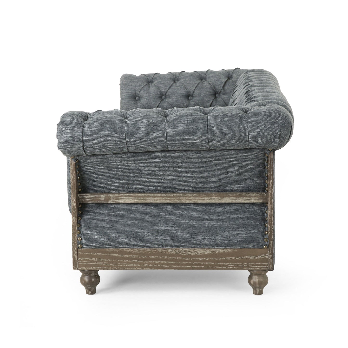 Divano Chesterfield a 3 posti con bottoni capitonné color carbone e gambe in legno