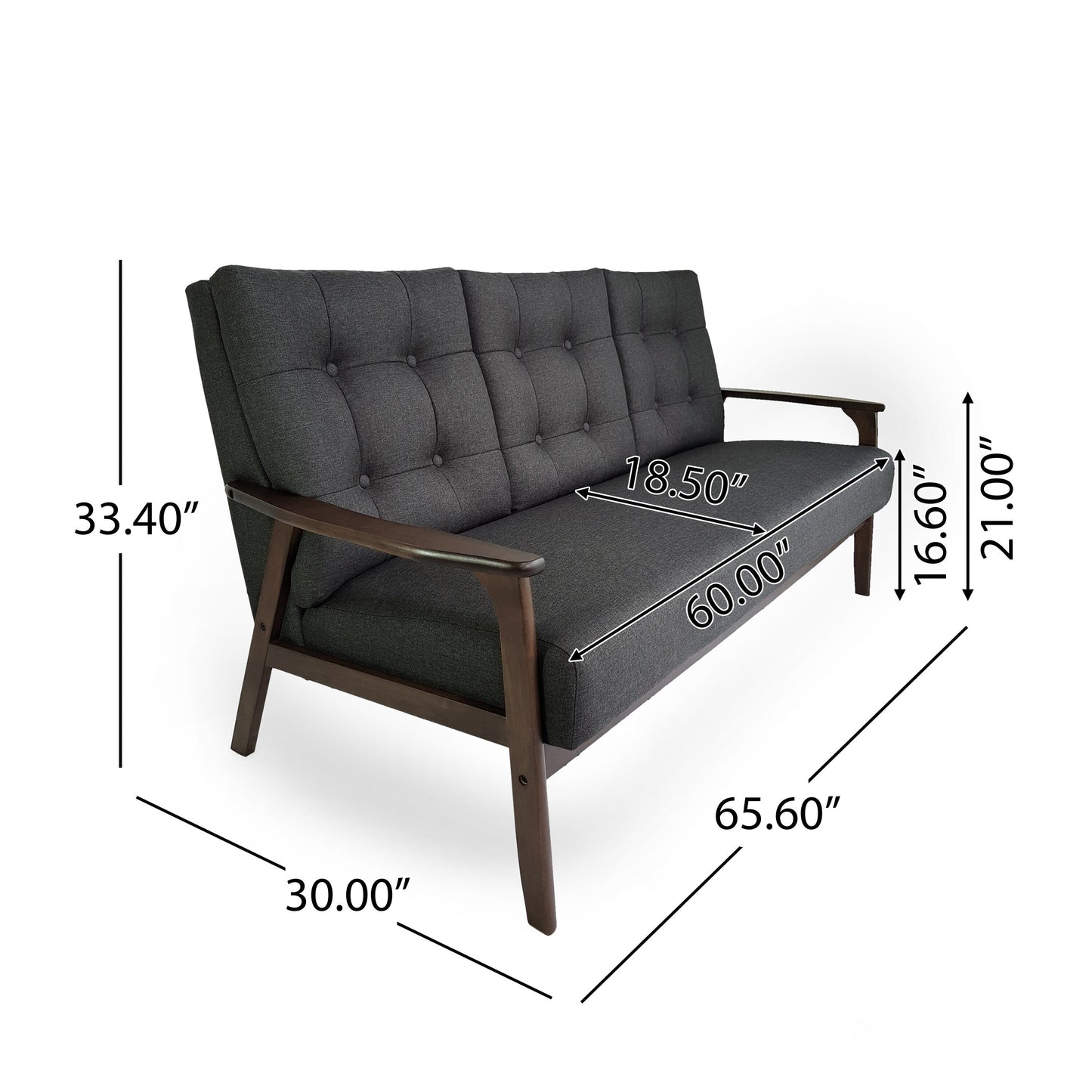 Divano a 3 posti trapuntato con bottoni Mid-Century da 65,5 pollici, grigio antracite, con gambe in legno di gomma, per soggiorno