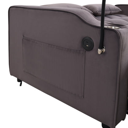 Divano letto in velluto grigio antracite con letto estraibile, schienale regolabile, convertibile, ricarica USB, facile da montare.