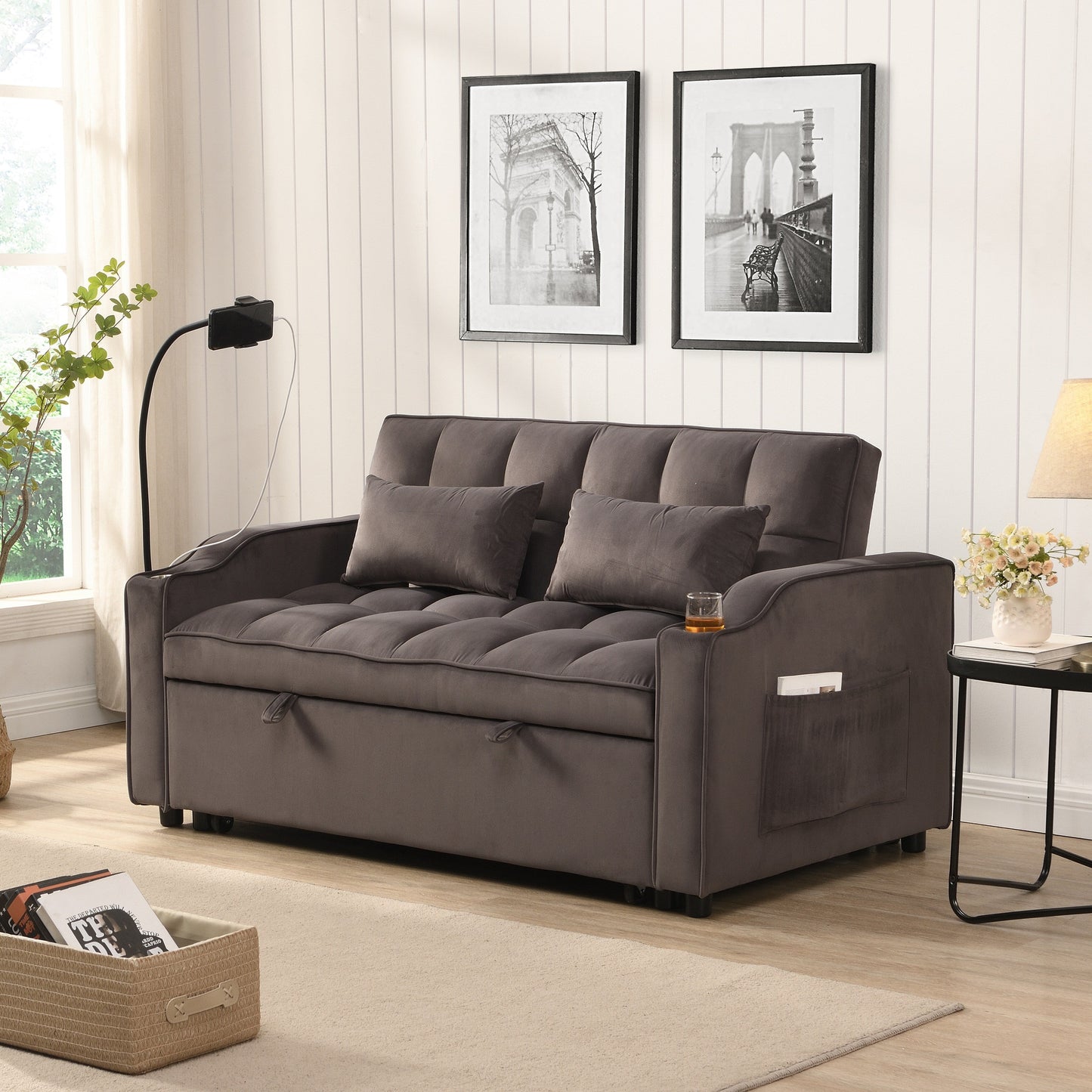 Divano letto in velluto grigio antracite con letto estraibile, schienale regolabile, convertibile, ricarica USB, facile da montare.