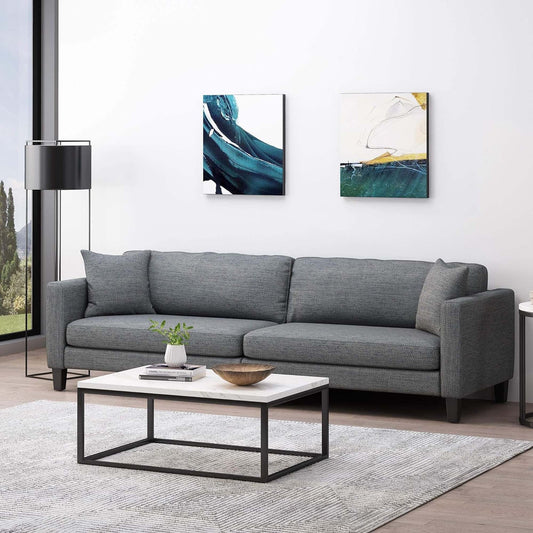 Divano moderno 101 a 3 posti color antracite con gambe in legno e due cuscini per il soggiorno
