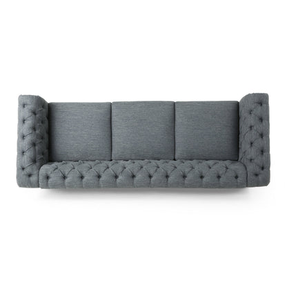 Divano Chesterfield 85.5 in stile retrò color antracite, con bottoni, trapuntato, a 3 posti e gambe in legno, per soggiorno