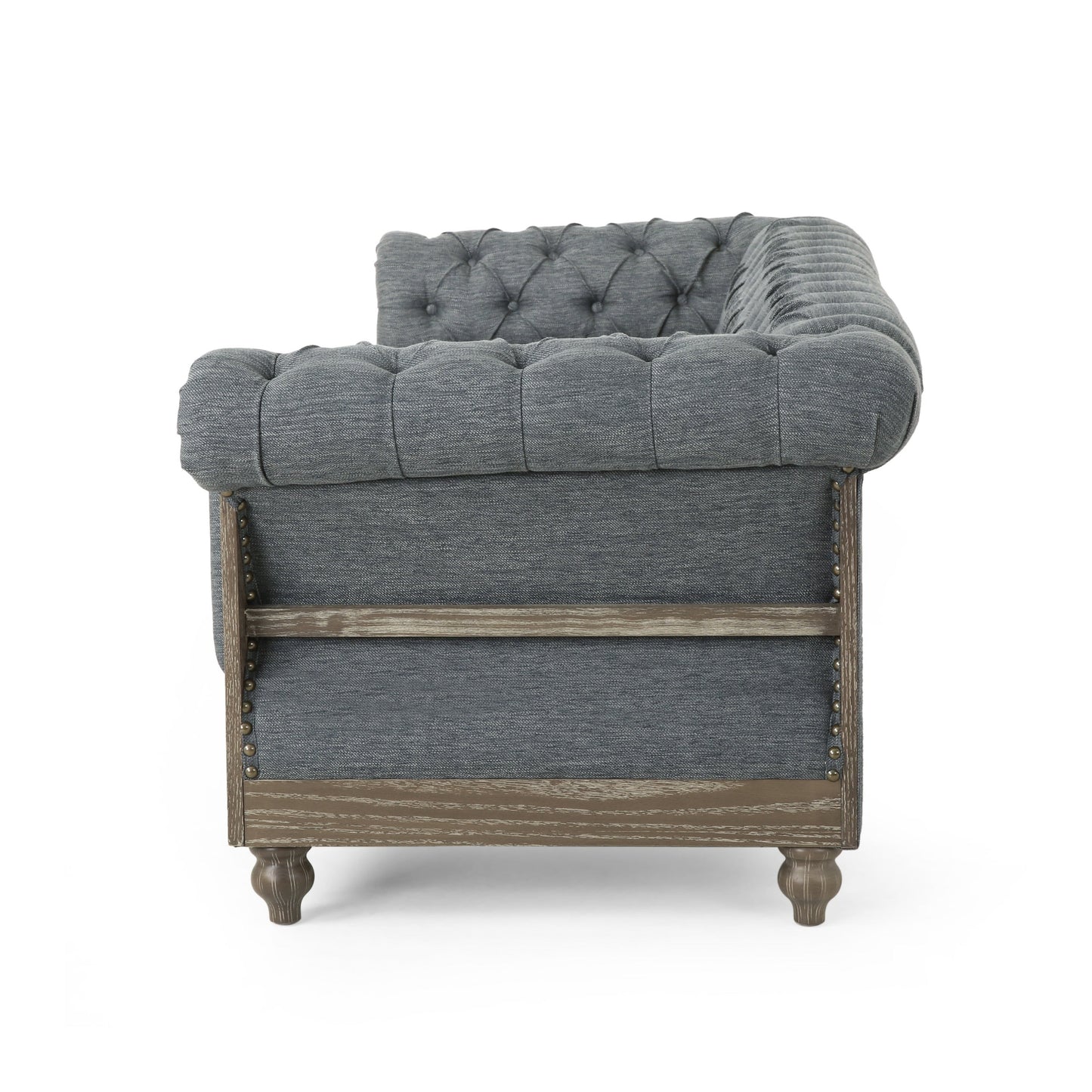 Divano Chesterfield 85.5 in stile retrò color antracite, con bottoni, trapuntato, a 3 posti e gambe in legno, per soggiorno