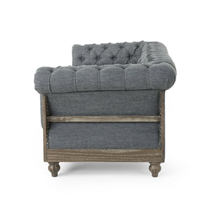 Divano Chesterfield 85.5 in stile retrò color antracite, con bottoni, trapuntato, a 3 posti e gambe in legno, per soggiorno