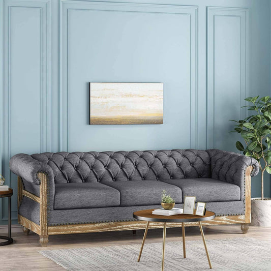 Divano Chesterfield 85.5 in stile retrò color antracite, con bottoni, trapuntato, a 3 posti e gambe in legno, per soggiorno