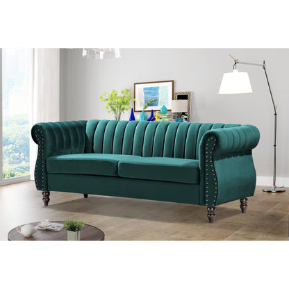 Divano Chesterfield in velluto Charlot con braccioli arrotolati