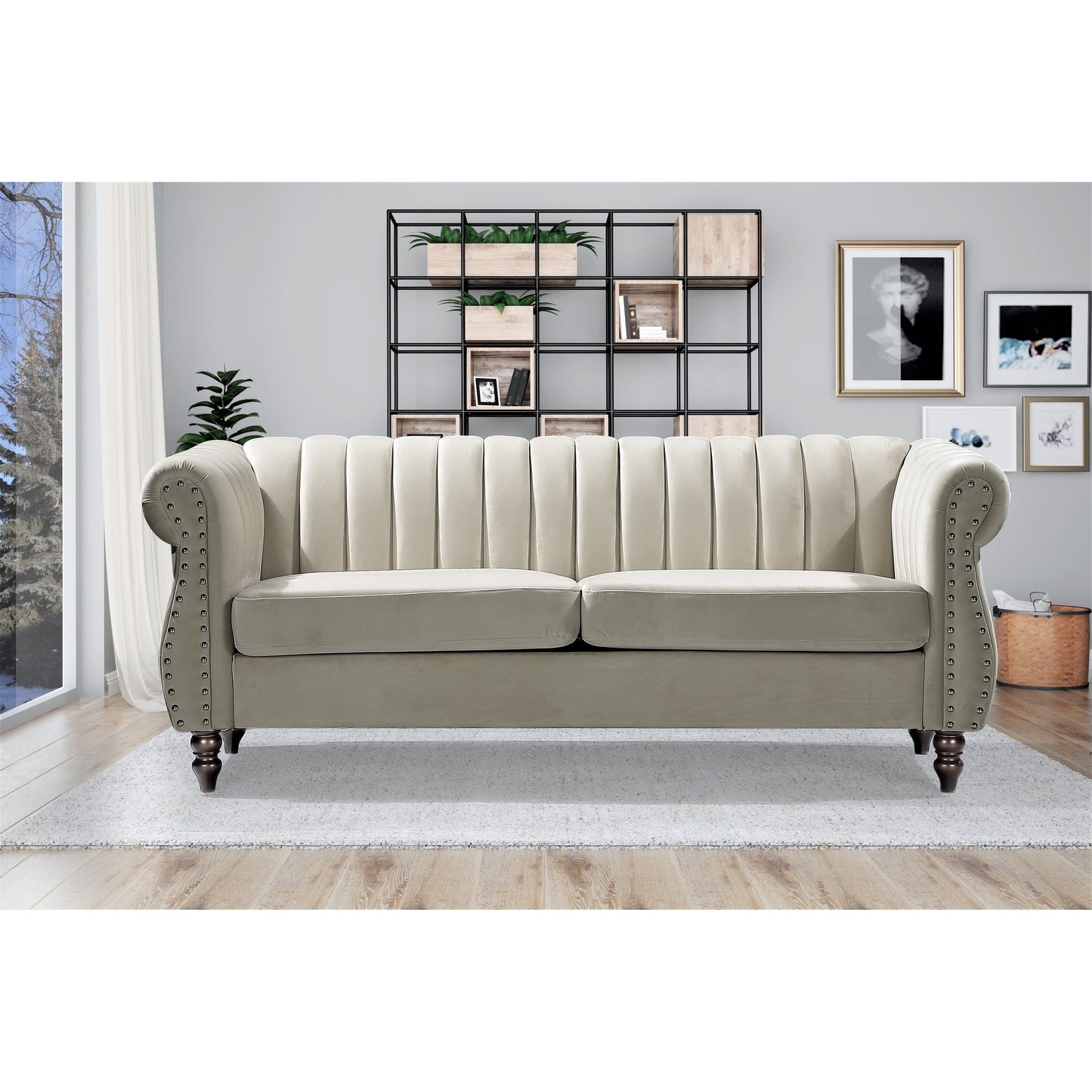 Divano Chesterfield in velluto Charlot con braccioli arrotolati