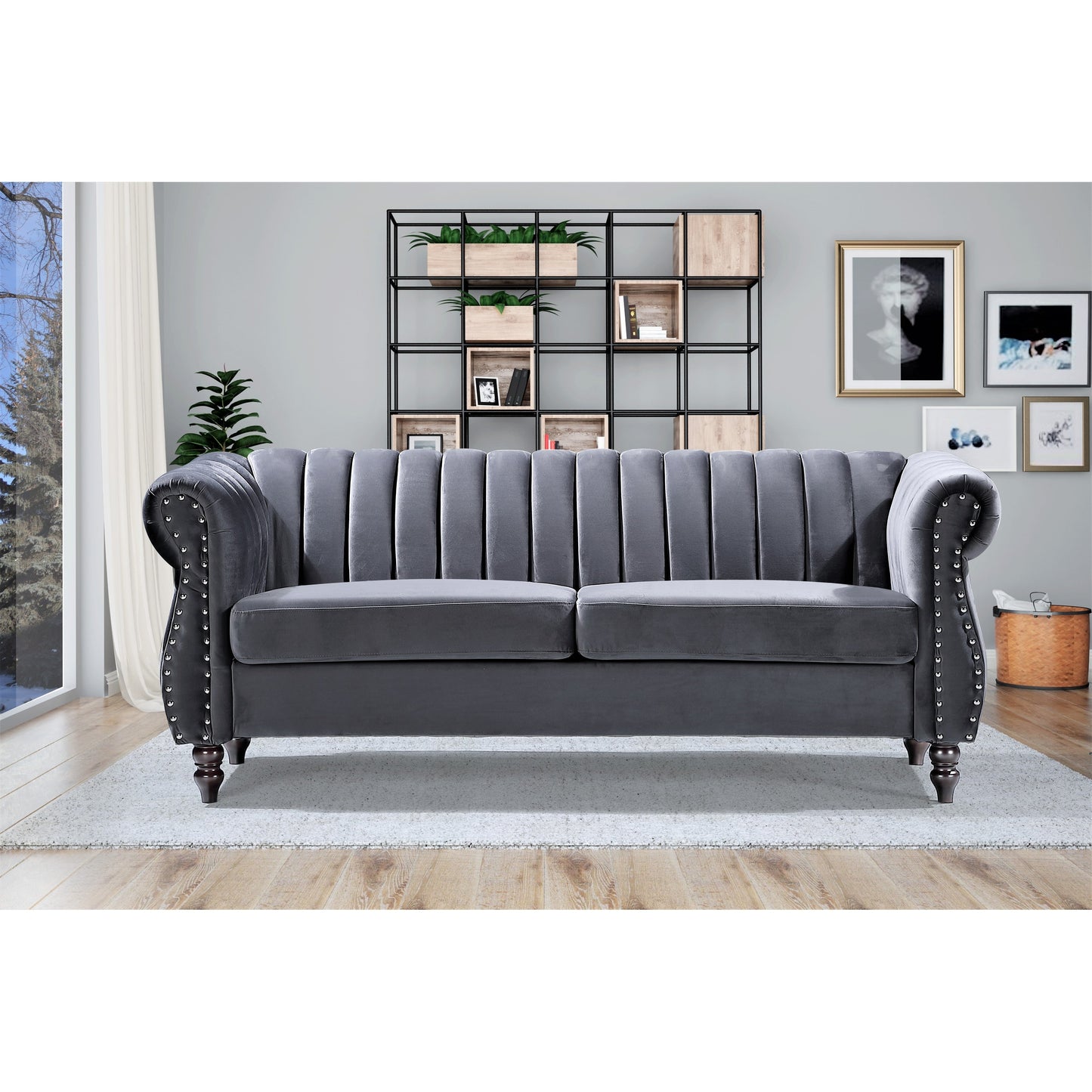 Divano Chesterfield in velluto Charlot con braccioli arrotolati