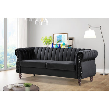 Divano Chesterfield in velluto Charlot con braccioli arrotolati