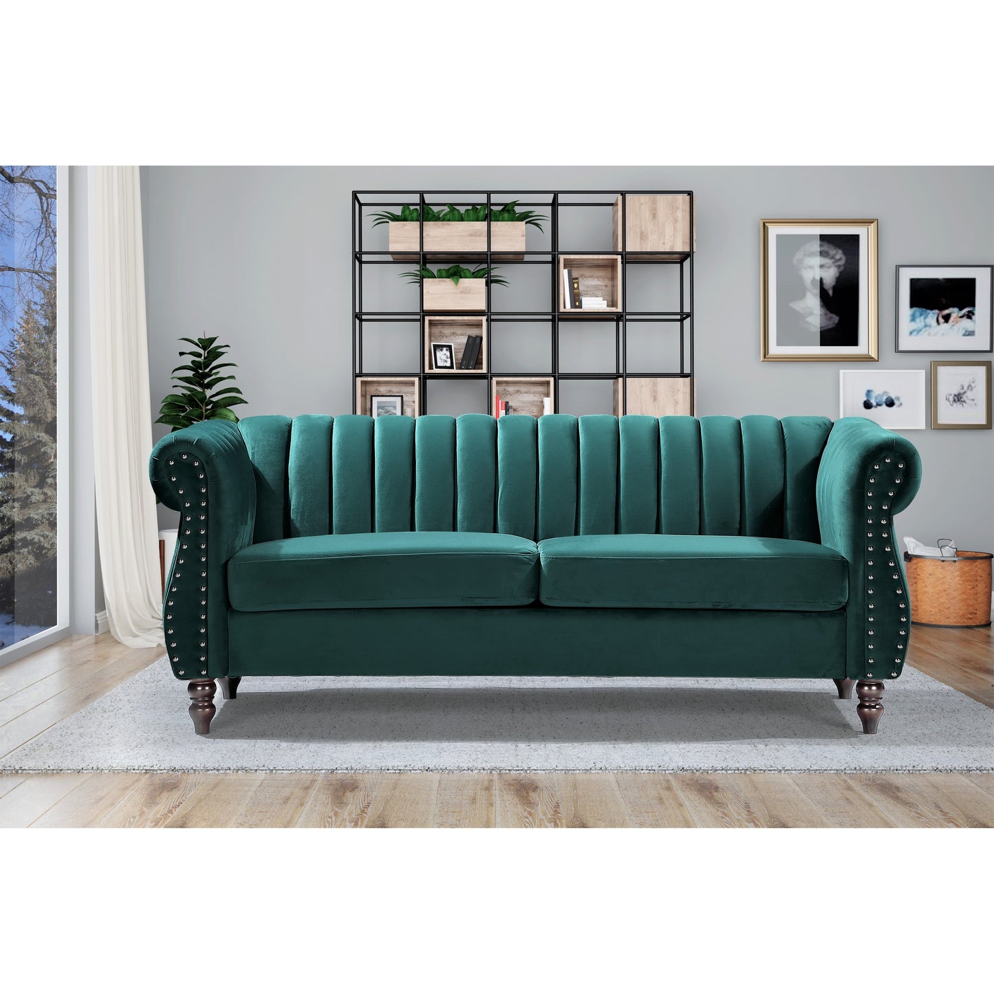 Divano Chesterfield in velluto Charlot con braccioli arrotolati