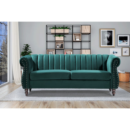 Divano Chesterfield in velluto Charlot con braccioli arrotolati