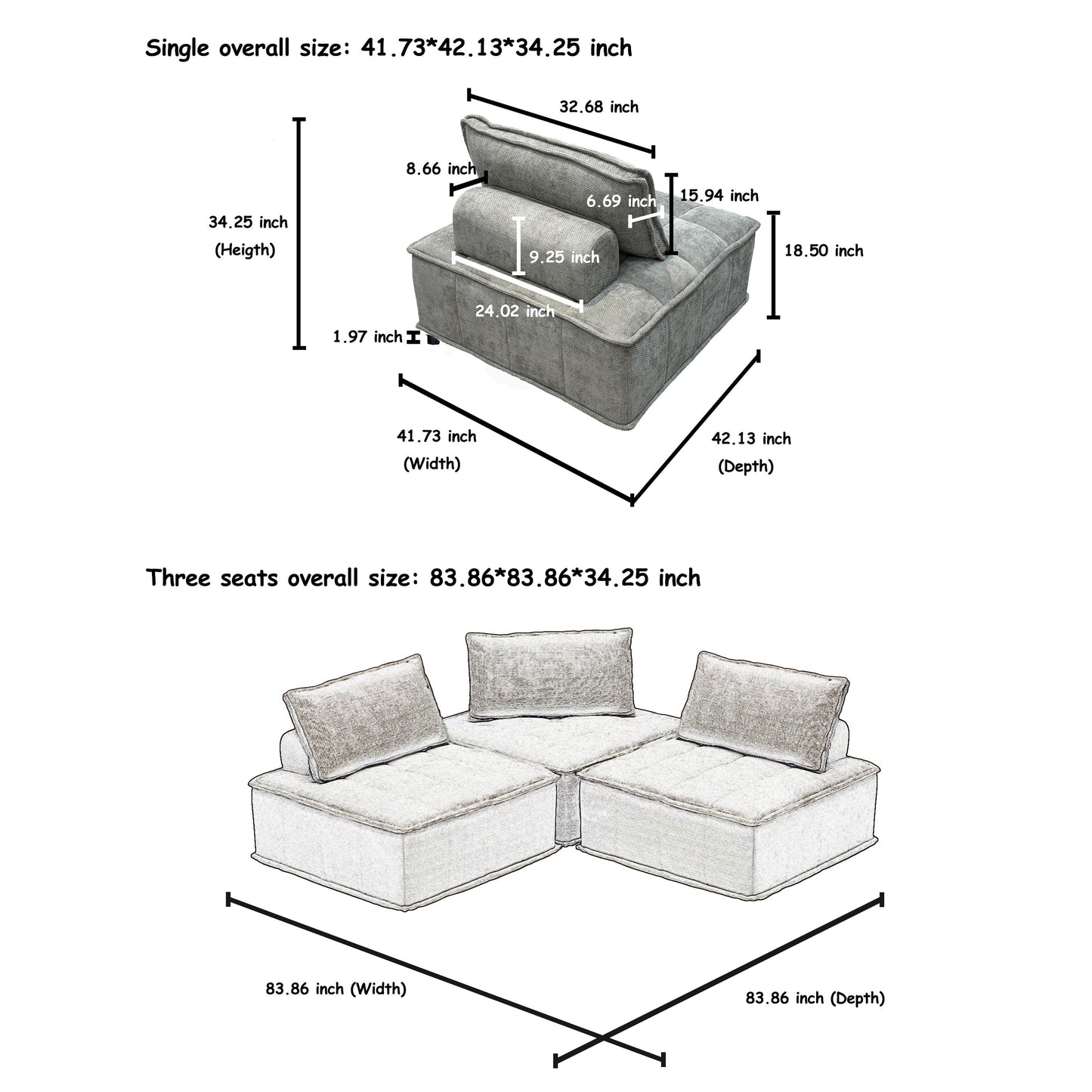 Set di divani modulari Chenille da 3 pezzi