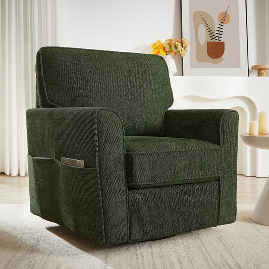 Poltrona girevole a 360° in ciniglia, poltrona moderna con tasche laterali, poltrona girevole, poltrona reclinabile ergonomica per camera da letto