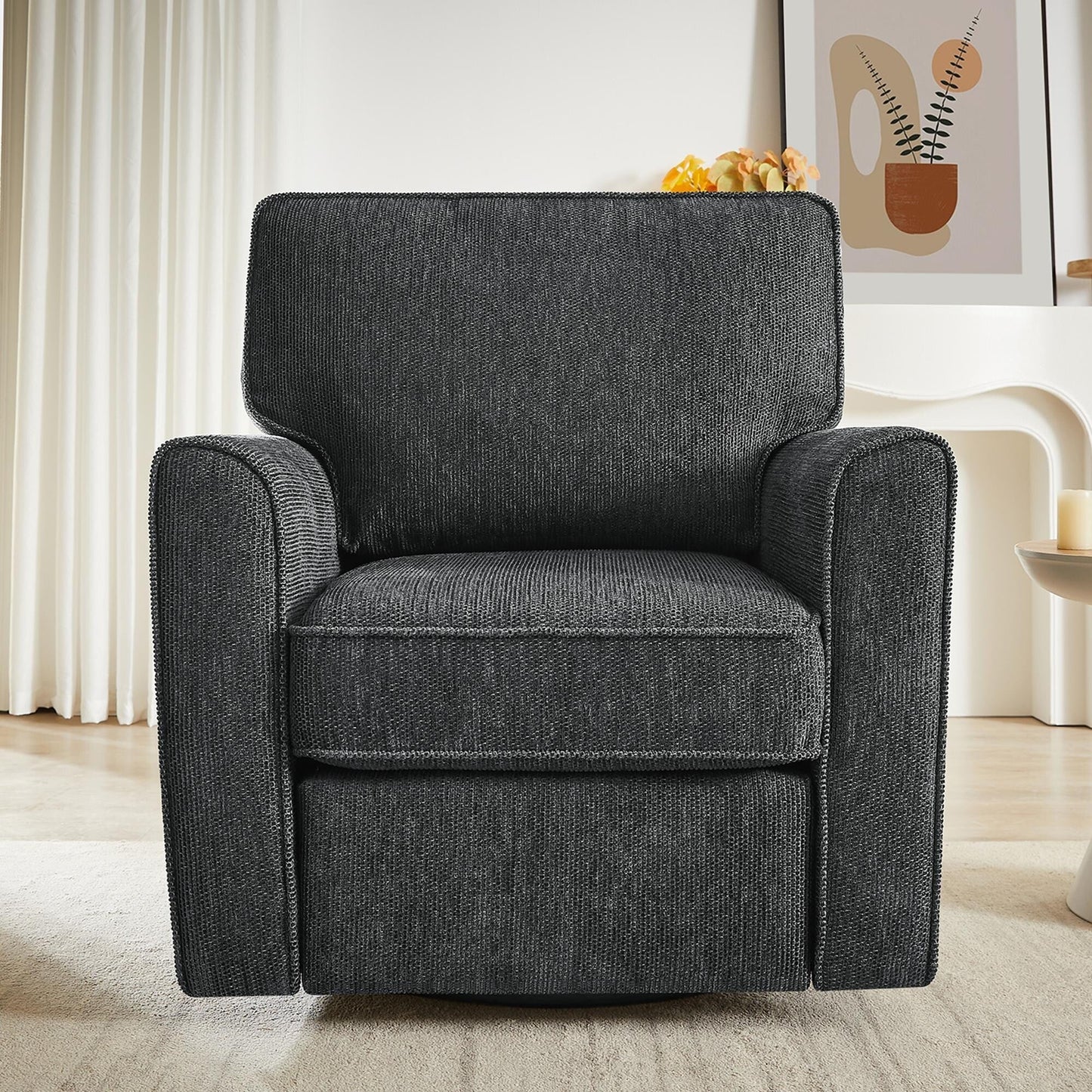 Poltrona girevole a 360° in ciniglia, poltrona moderna con tasche laterali, poltrona girevole, poltrona reclinabile ergonomica per camera da letto