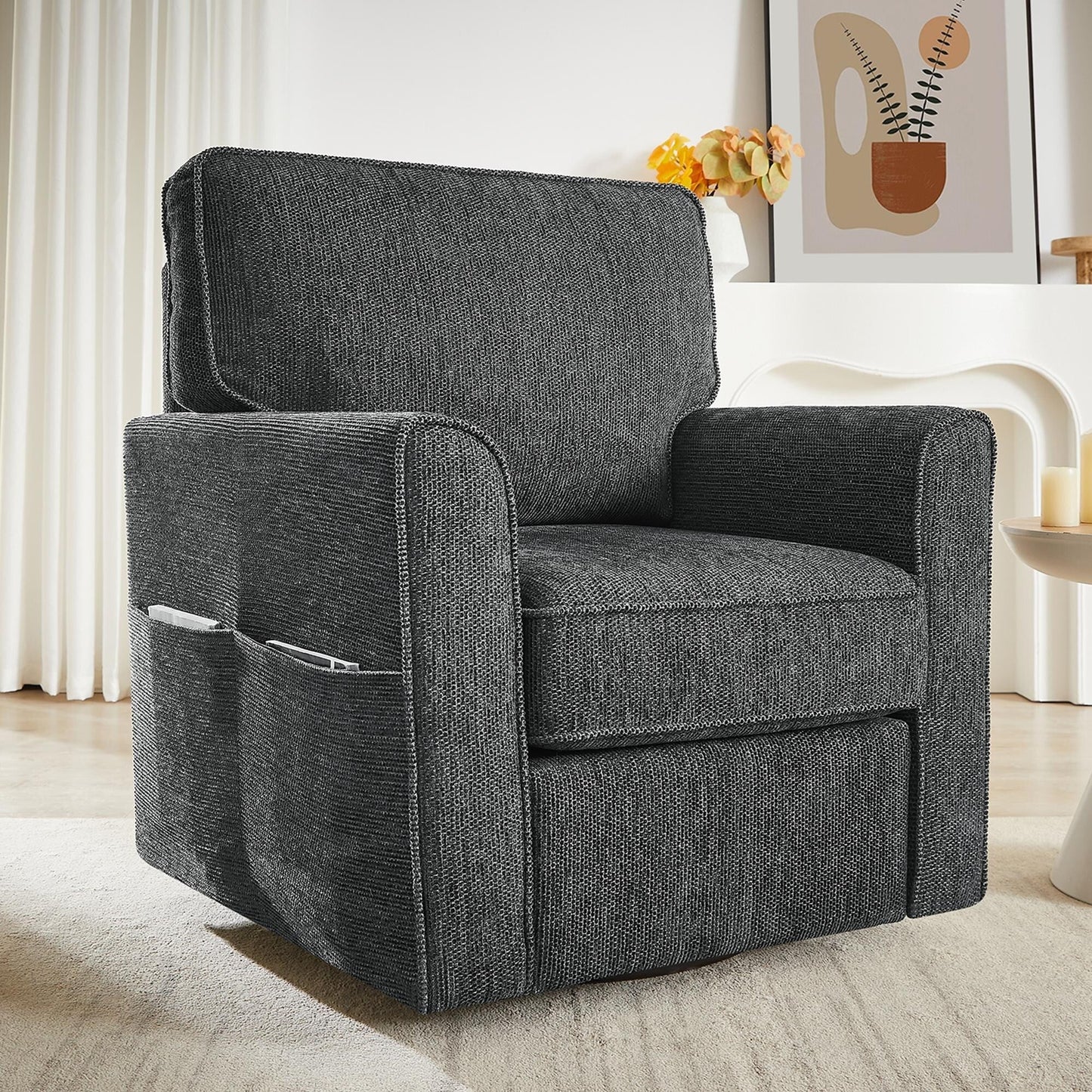 Poltrona girevole a 360° in ciniglia, poltrona moderna con tasche laterali, poltrona girevole, poltrona reclinabile ergonomica per camera da letto