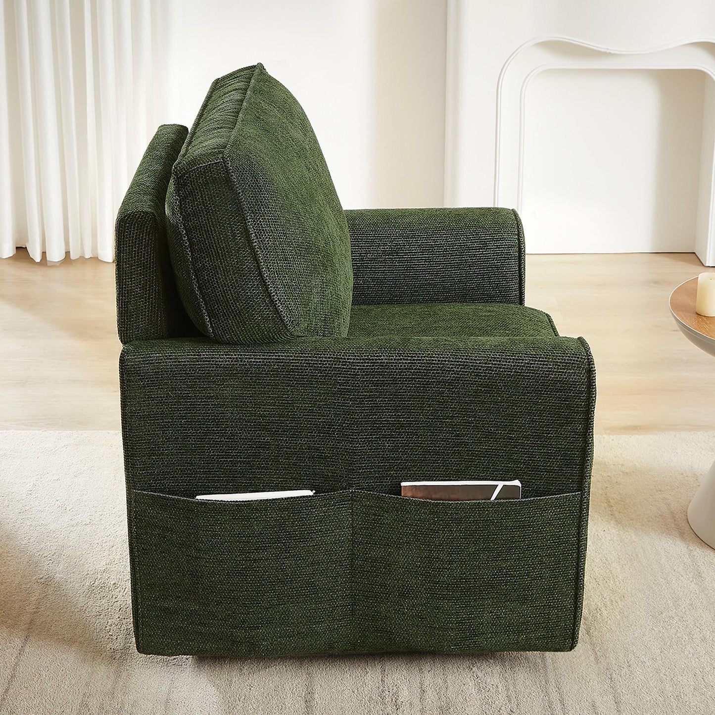 Poltrona girevole a 360° in ciniglia, poltrona moderna con tasche laterali, poltrona girevole, poltrona reclinabile ergonomica per camera da letto