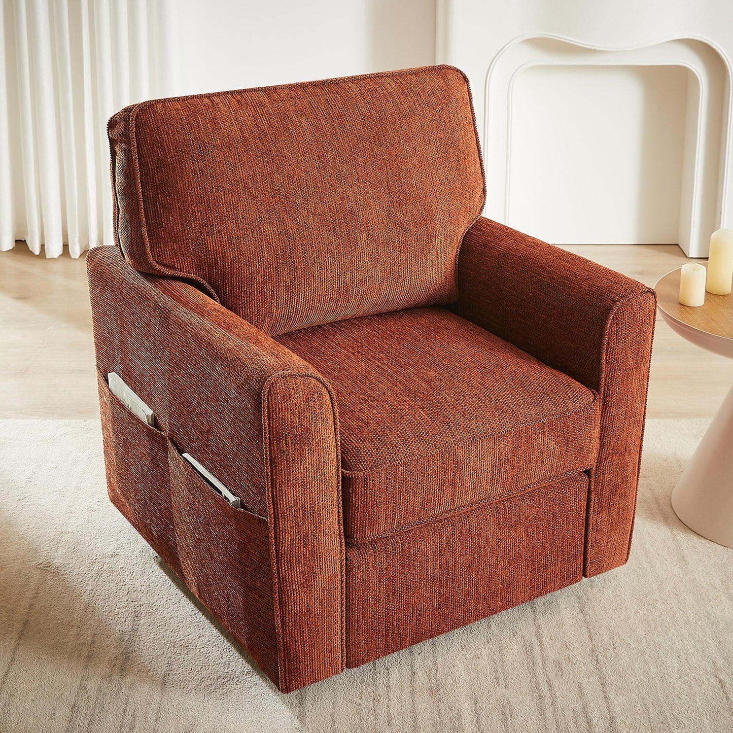 Poltrona girevole a 360° in ciniglia, poltrona moderna con tasche laterali, poltrona girevole, poltrona reclinabile ergonomica per camera da letto
