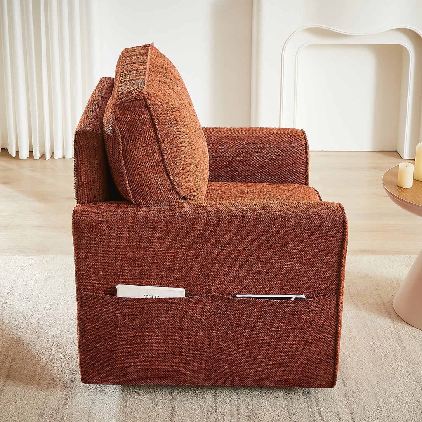 Poltrona girevole a 360° in ciniglia, poltrona moderna con tasche laterali, poltrona girevole, poltrona reclinabile ergonomica per camera da letto