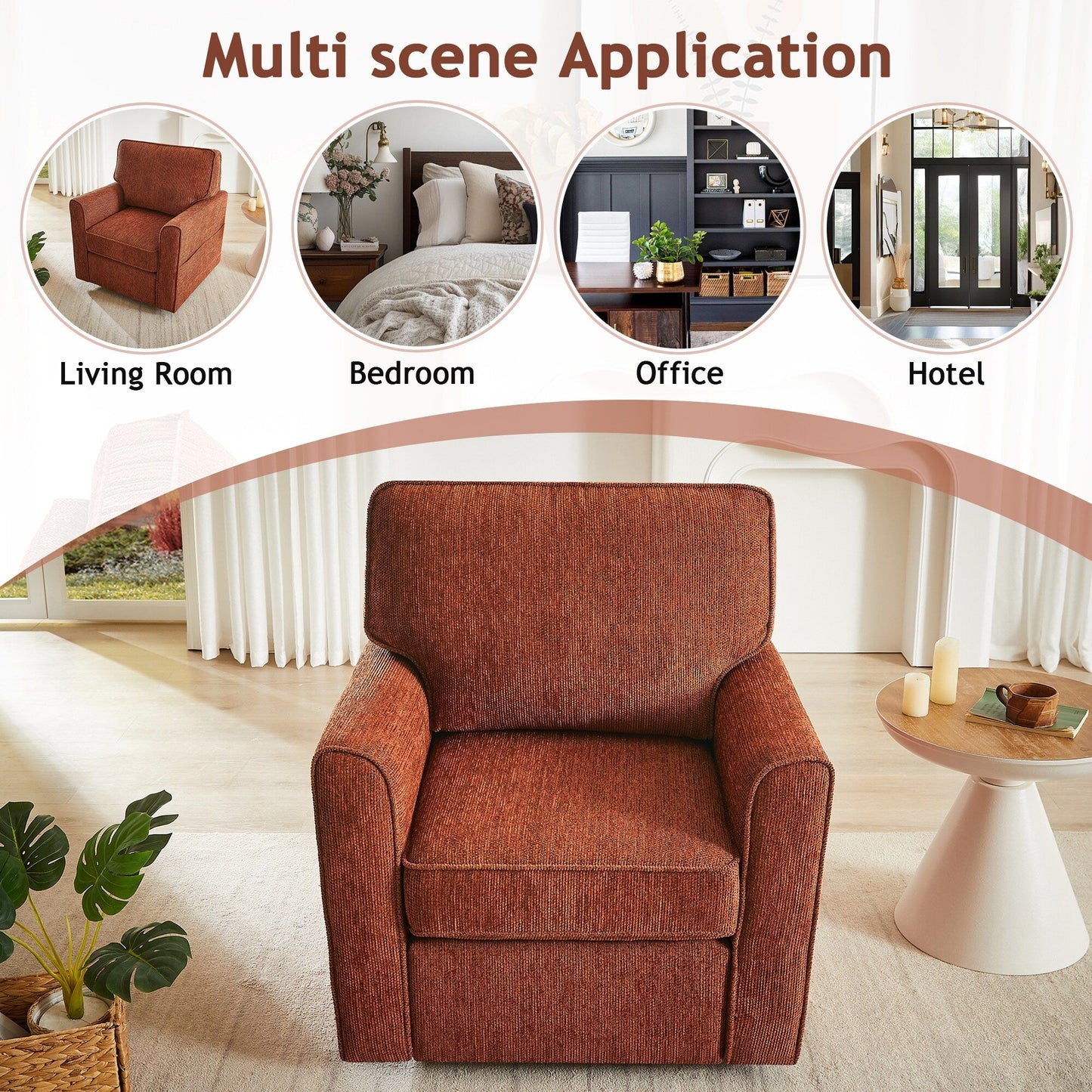 Poltrona girevole a 360° in ciniglia, poltrona moderna con tasche laterali, poltrona girevole, poltrona reclinabile ergonomica per camera da letto