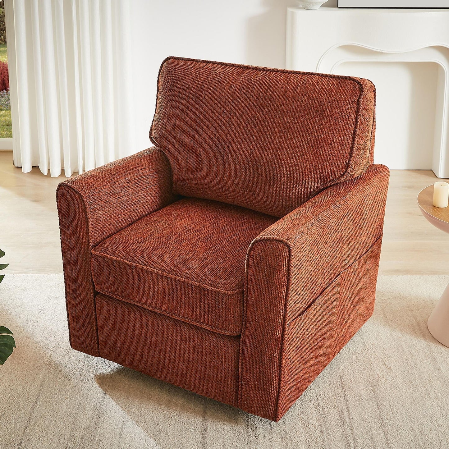 Poltrona girevole a 360° in ciniglia, poltrona moderna con tasche laterali, poltrona girevole, poltrona reclinabile ergonomica per camera da letto