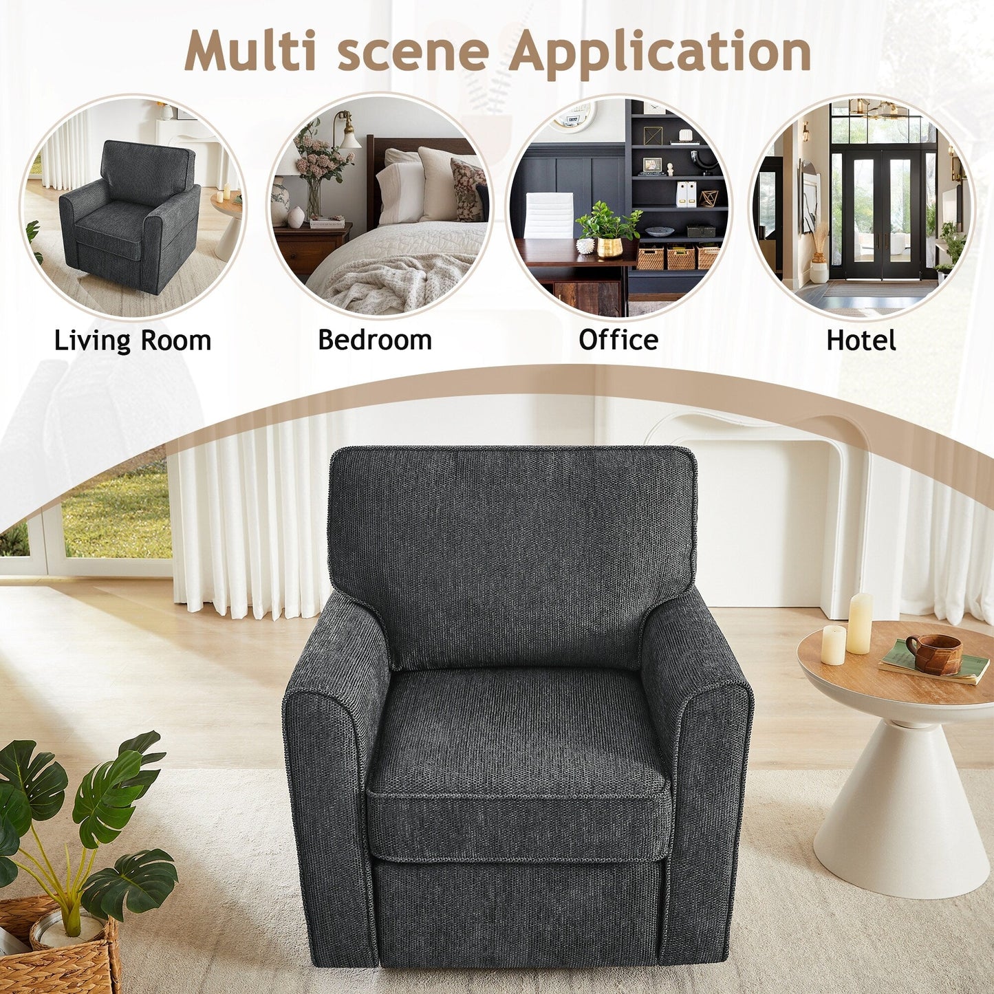 Poltrona girevole a 360° in ciniglia, poltrona moderna con tasche laterali, poltrona girevole, poltrona reclinabile ergonomica per camera da letto