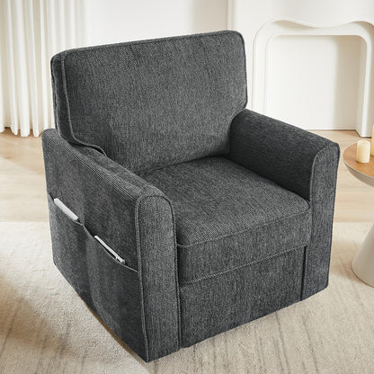 Poltrona girevole a 360° in ciniglia, poltrona moderna con tasche laterali, poltrona girevole, poltrona reclinabile ergonomica per camera da letto