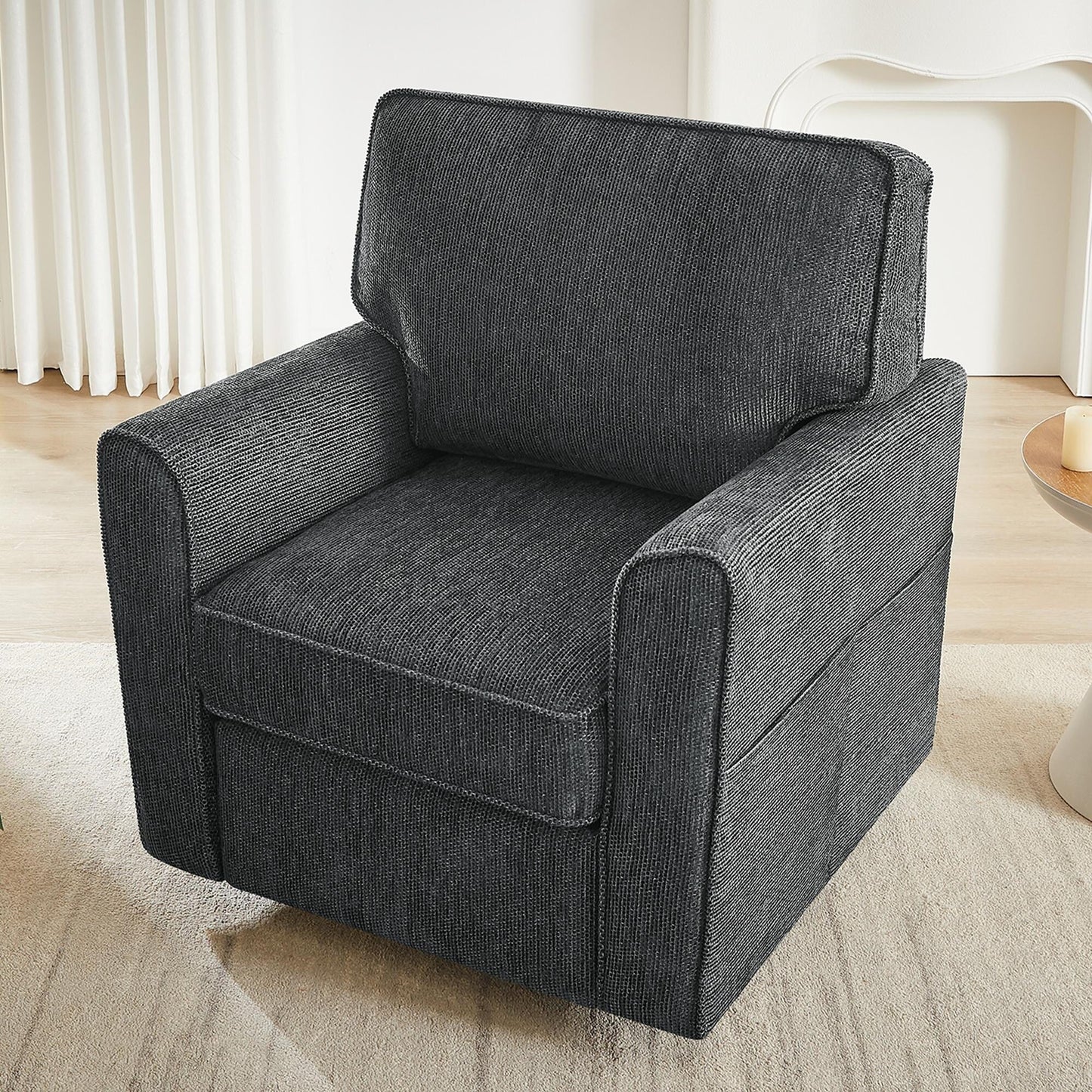 Poltrona girevole a 360° in ciniglia, poltrona moderna con tasche laterali, poltrona girevole, poltrona reclinabile ergonomica per camera da letto