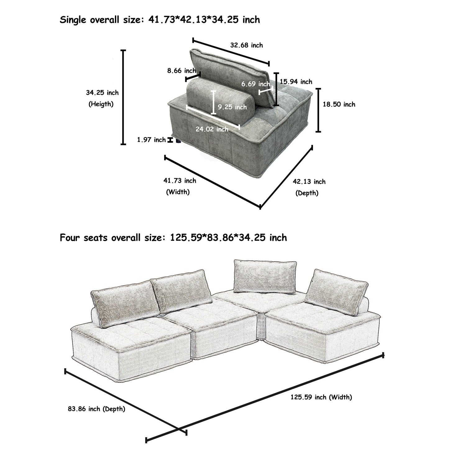 Set di divani modulari Chenille da 4 pezzi