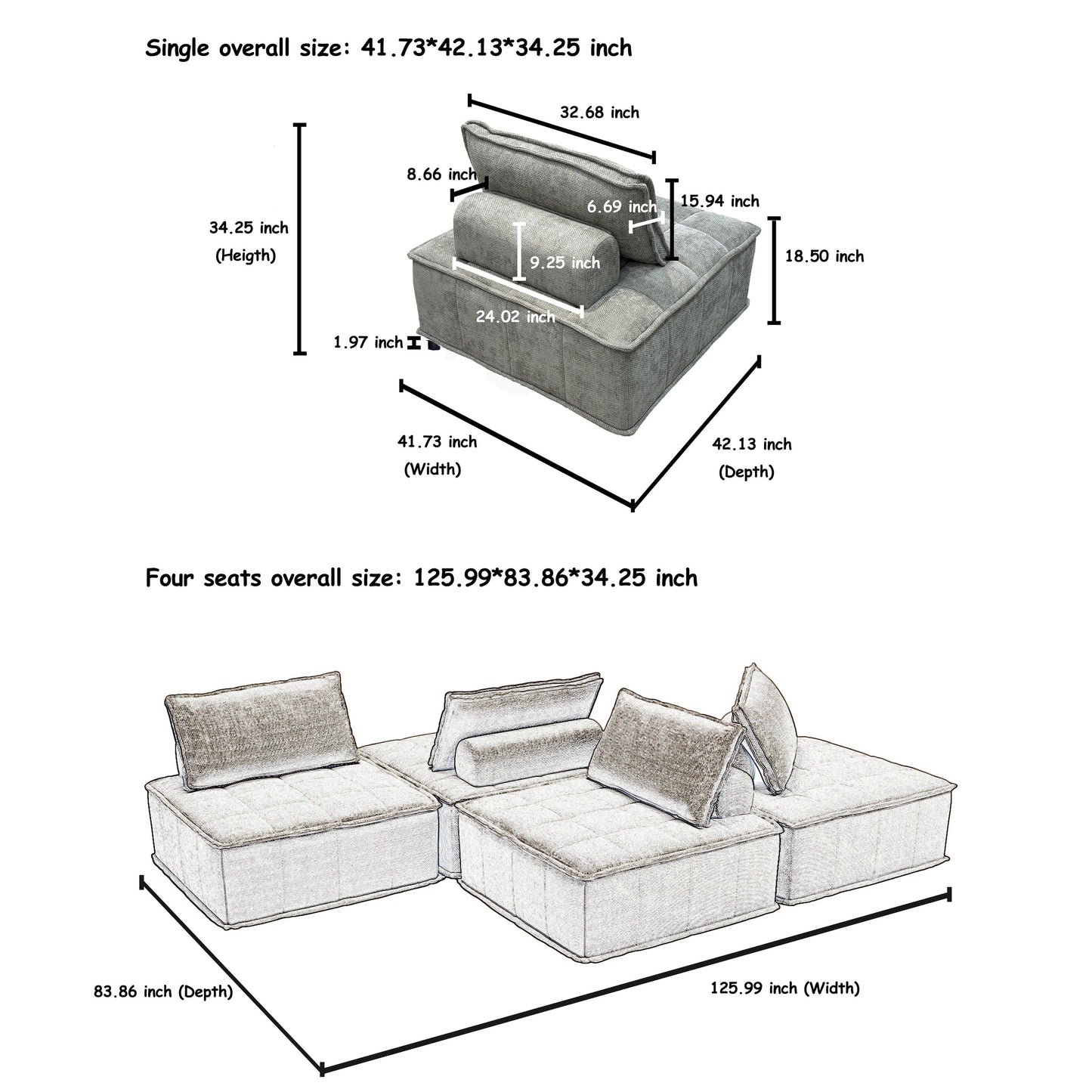Set di divani modulari Chenille da 4 pezzi