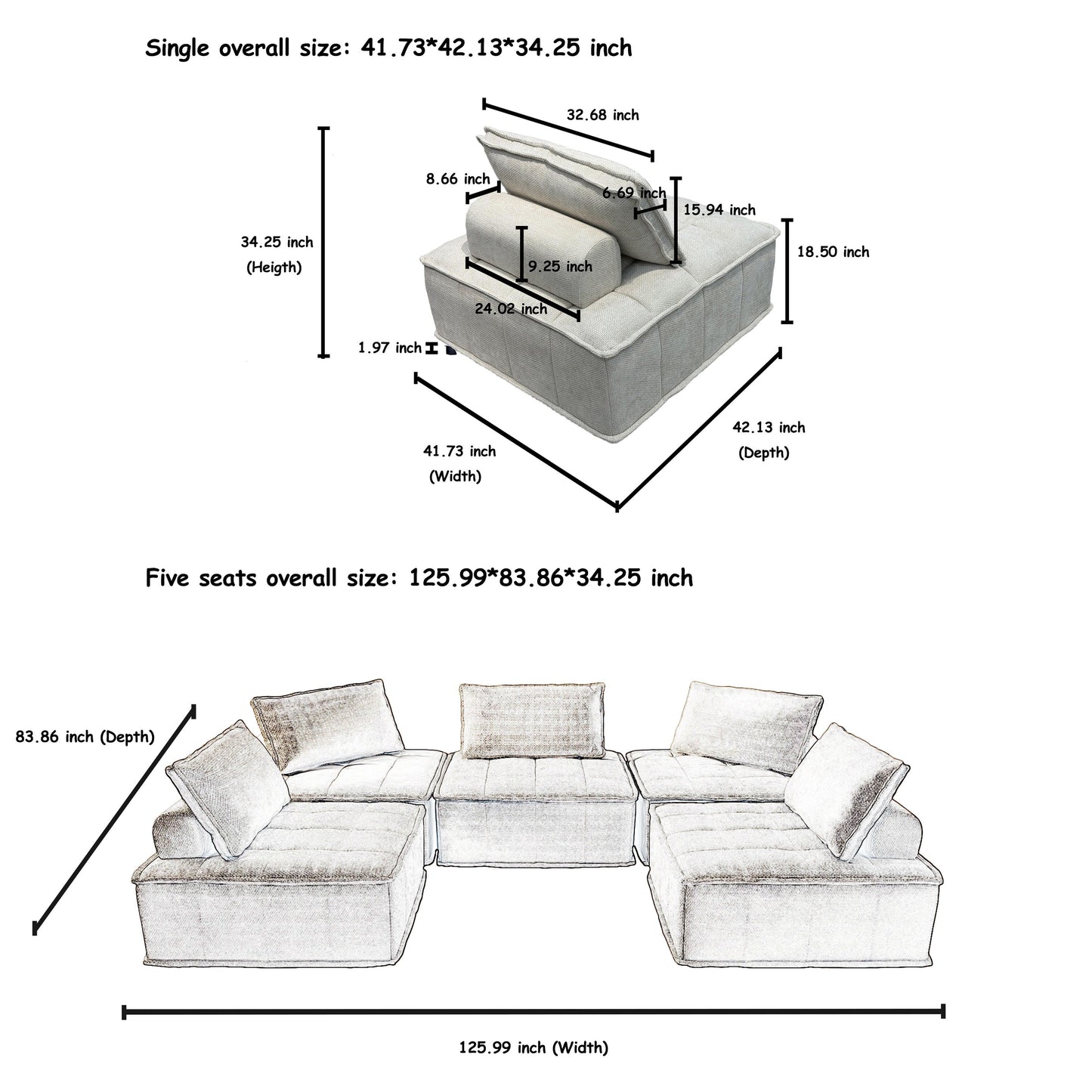 Set di divani modulari Chenille da 5 pezzi