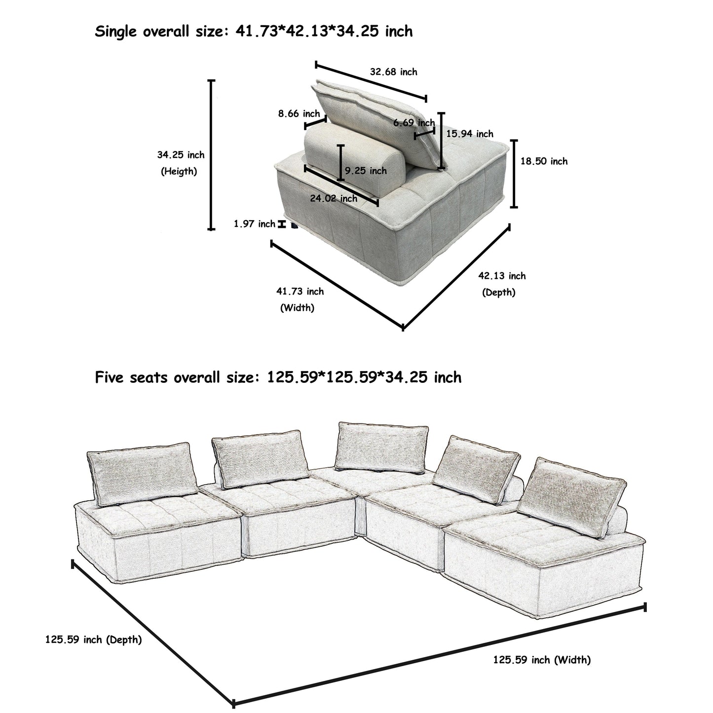 Set di divani modulari Chenille da 5 pezzi