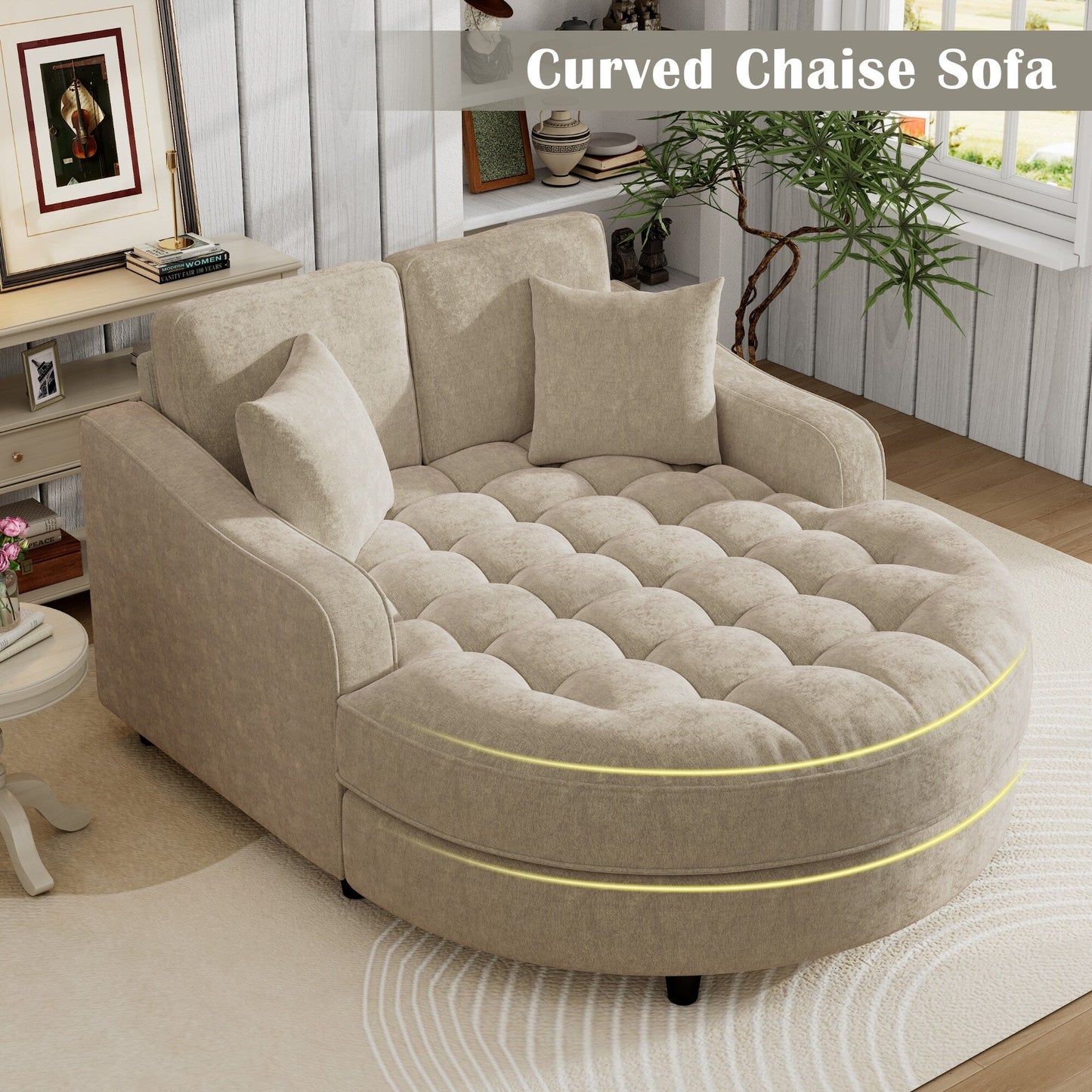 Divano letto con chaise longue in ciniglia, divano imbottito con schienale trapuntato e 2 cuscini staccabili per soggiorno