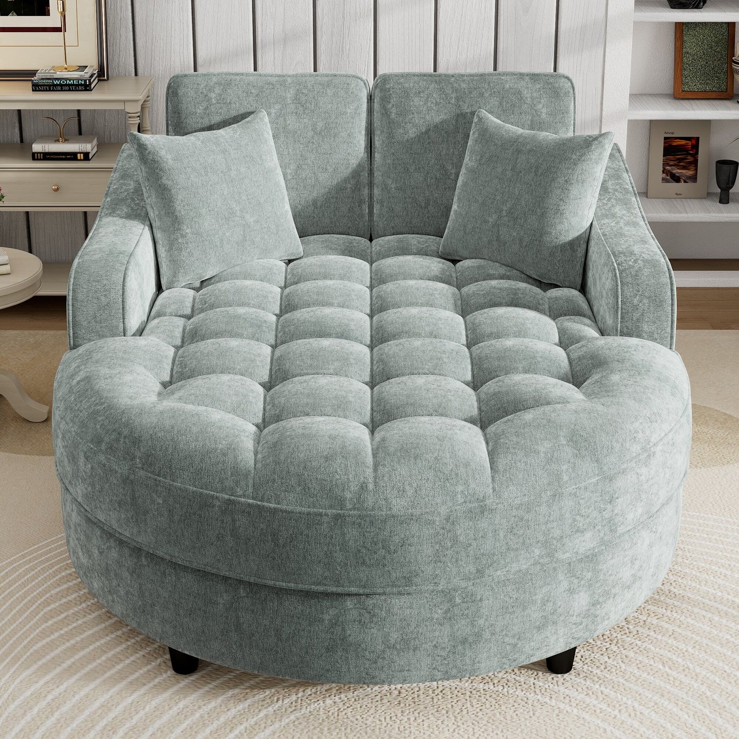 Divano letto con chaise longue in ciniglia, divano imbottito con schienale trapuntato e 2 cuscini staccabili per soggiorno