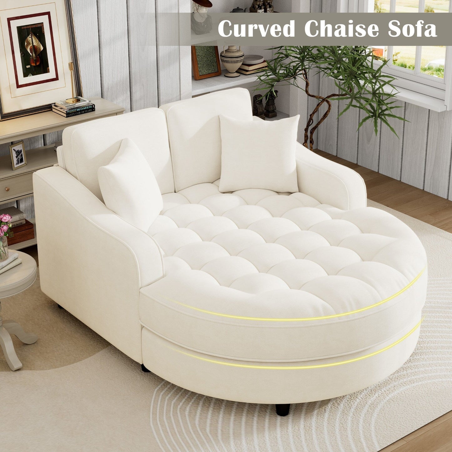 Divano letto con chaise longue in ciniglia, divano imbottito con schienale trapuntato e 2 cuscini staccabili per soggiorno