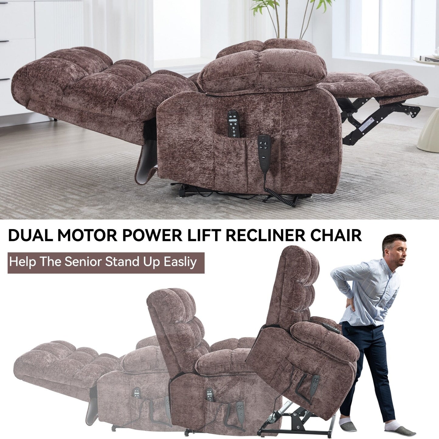 Poltrona reclinabile elettrica Chenille Dual Motor Infinite Position, poltrona reclinabile oversize con massaggio termico e telecomando elettrico